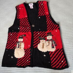 Vintage Ugly Christmas Sweater Vest Womens XL PBJ Sport Red Black Snowman Shirt
